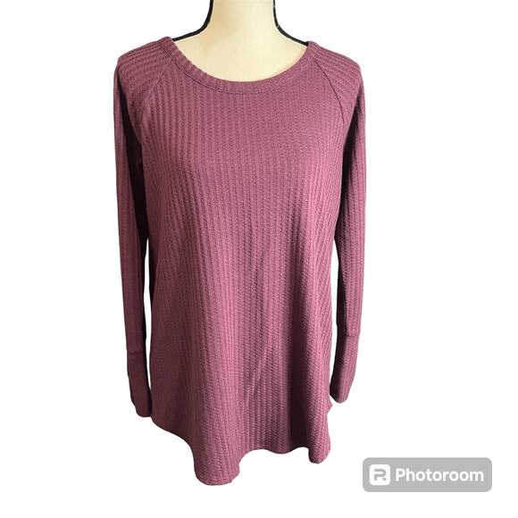Chaser Women's Burgundy Waffle Knit Button Cuff Crew Neck Long Sleeve Shirt Sz L - Picture 1 of 4